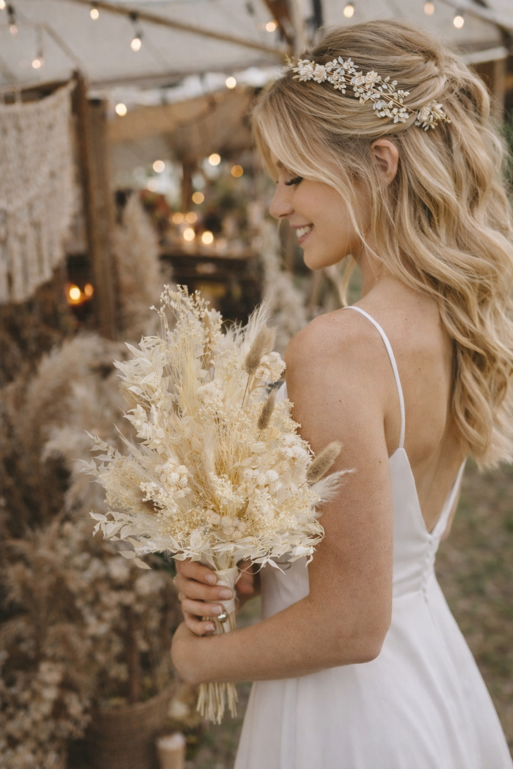 Trockenblumen Brautstrauß Boho – Hochzeitsstrauß in Creme & Beige, nac – Lottas Laden