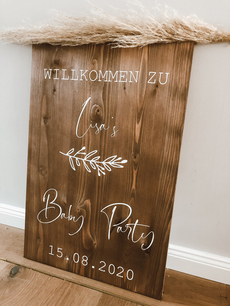 Holzschild mit Baby Party Beschriftung