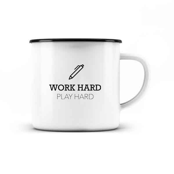 Camping Tasse, Tasse, Beschriftung, Work hard play hard